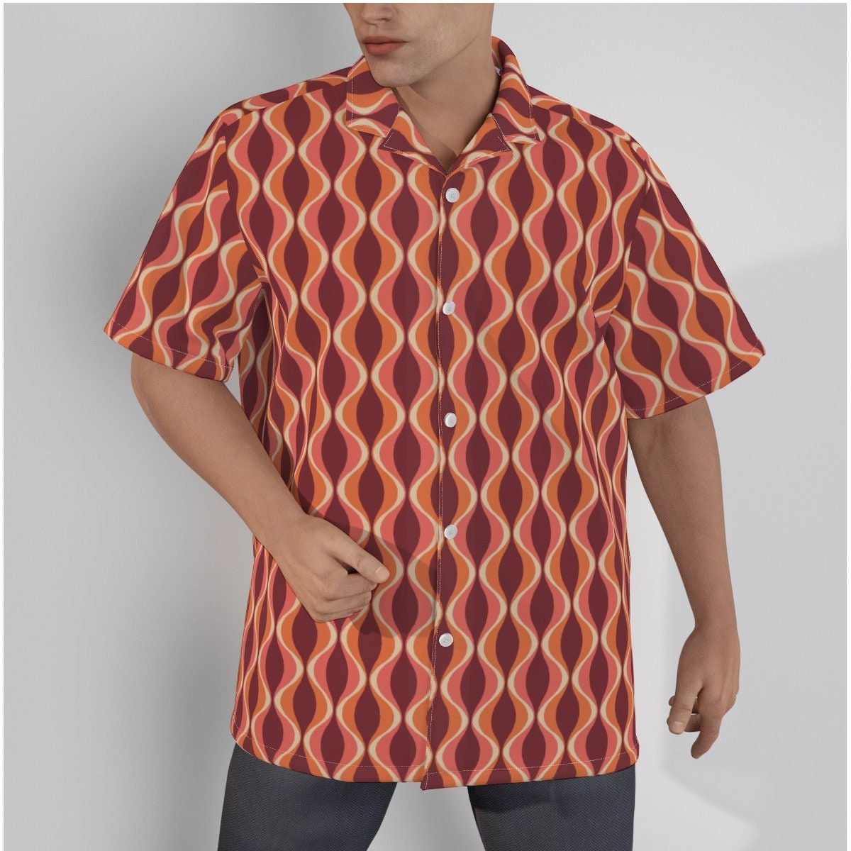 Retro-Hemd für Herren, Retro-Oberteil, Mid-Century-Stil-Oberteil, Mod-60er-Jahre-Stil-Hemd, Vintage-Stil-Oberteil, kastanienbraunes Hemd, Hawaii-Hemd, Hemd