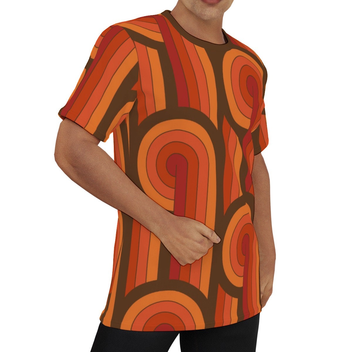 Umweltfreundliches T-Shirt, Retro-T-Shirt, Hemd im 70er-Jahre-Stil, Retro-Top, Retro-T-Shirt für Herren, T-Shirt mit orangefarbenen Streifen, T-Shirt im 70er-Jahre-Stil