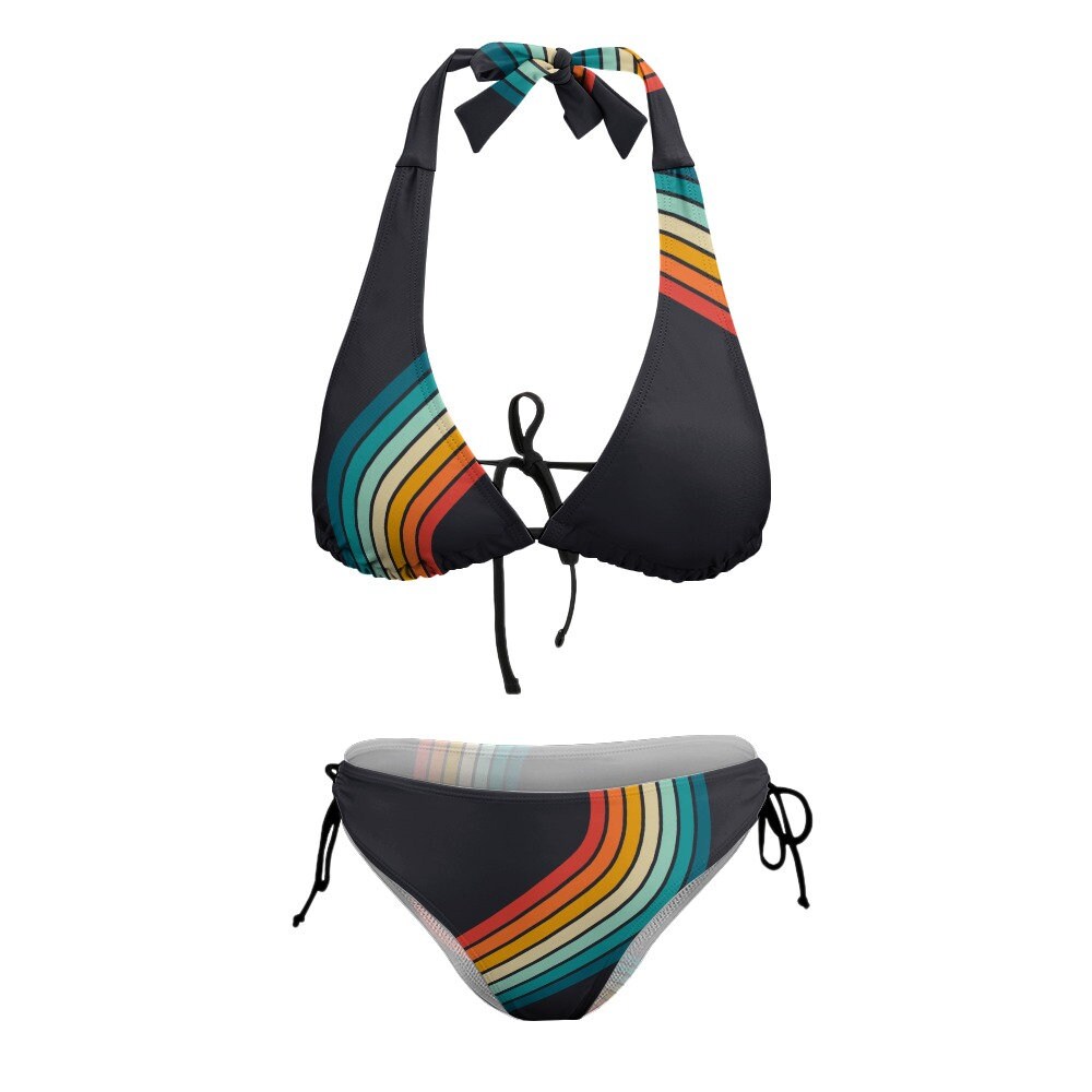 Retro Bikini, Halter Bikini Set, 70s style Bikini, Stripe bikini, Black Bikini, Rainbow Bikini, Vintage Style Bikini Set, Retro Swimsuit