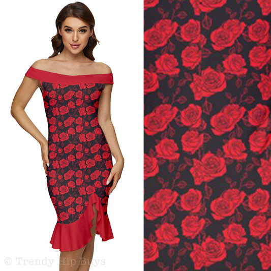 Pin-up-Kleid, rotes Etuikleid, Retro-Kleid im 40er-Jahre-Stil, Damen-Etuikleid, Blumenkleid, Sexy Kleid, schulterfreies Kleid, rotes Rosenkleid