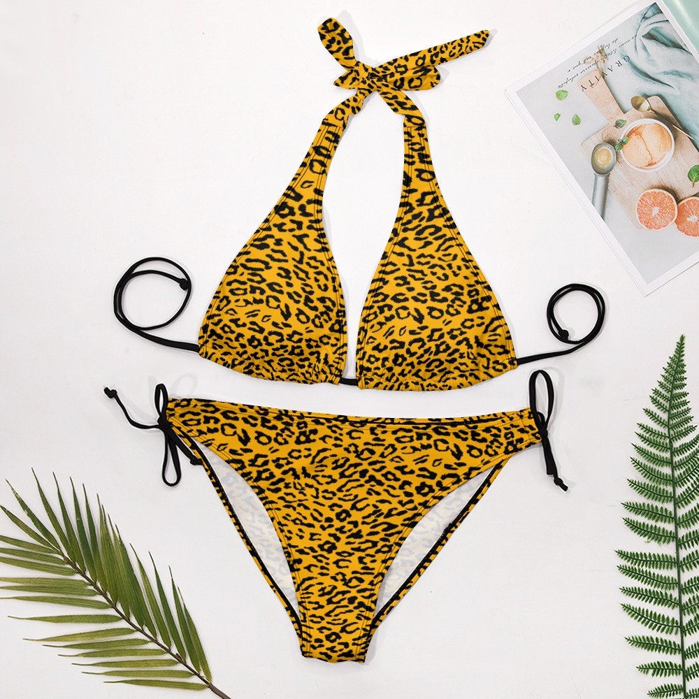 Bikini imprimé léopard, bikini Halter, bikini léopard jaune, ensemble bikini deux pièces, bikini sexy, bikini Halter jaune, maillot de bain léopard