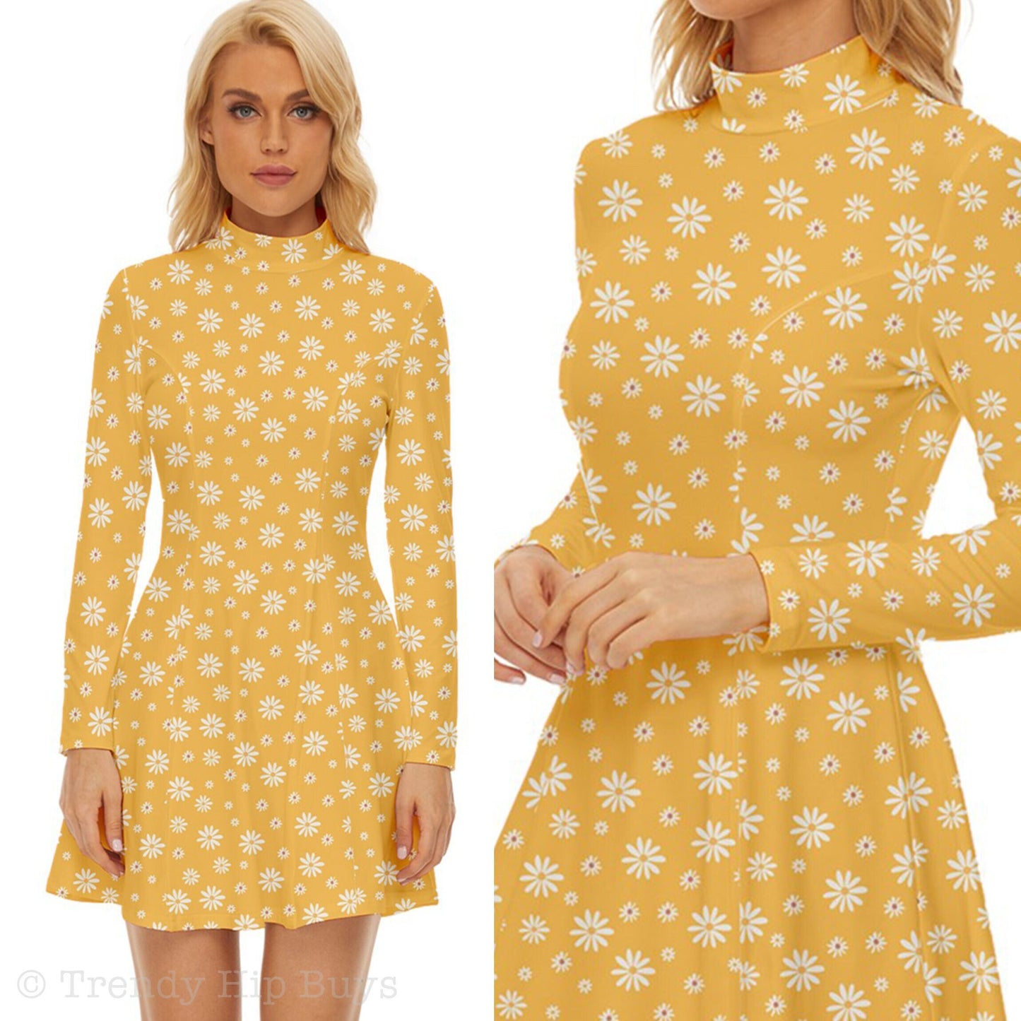 60er-Kleiderstil, Mod-Kleid, Gelbes Mod-Kleid, Rollkragenkleid, GOGO-Kleid, Kleid im 60er-Jahre-Stil, 60er-Minikleid, Blumenkleid, Retro-Kleid