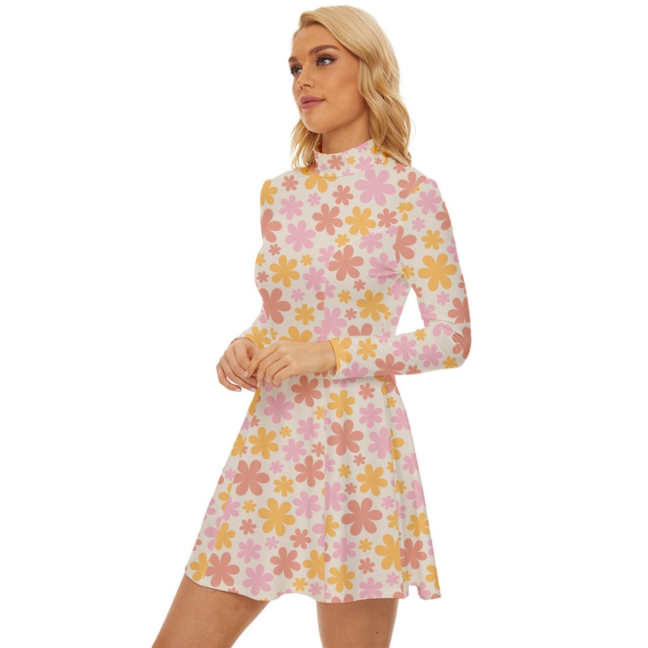 Style vestimentaire des années 60, robe Mod, robe Mod rose, robe col tortue, robe GOGO, robe de style années 60, mini robe des années 60, robe florale rose, robe rétro