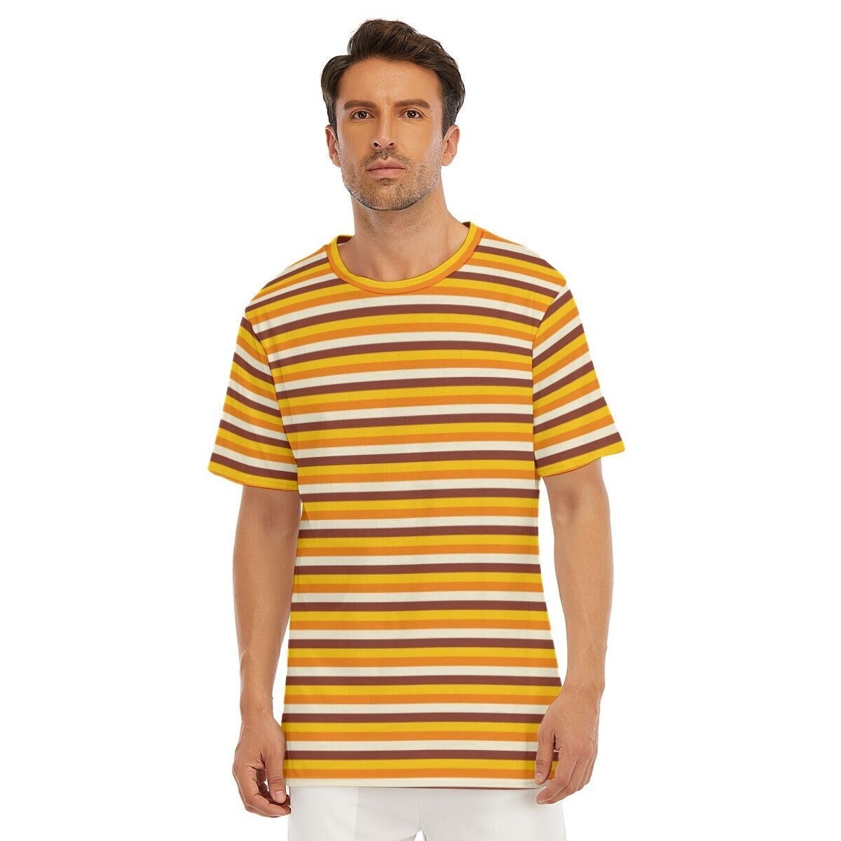 Retro T-Shirt Men, 100% Cotton T-shirt, Men&#39;s Orange Top, Men's Stripe Top, Vintage style t-shirt,70s Style T-shirt,Stripe T-shirt Men