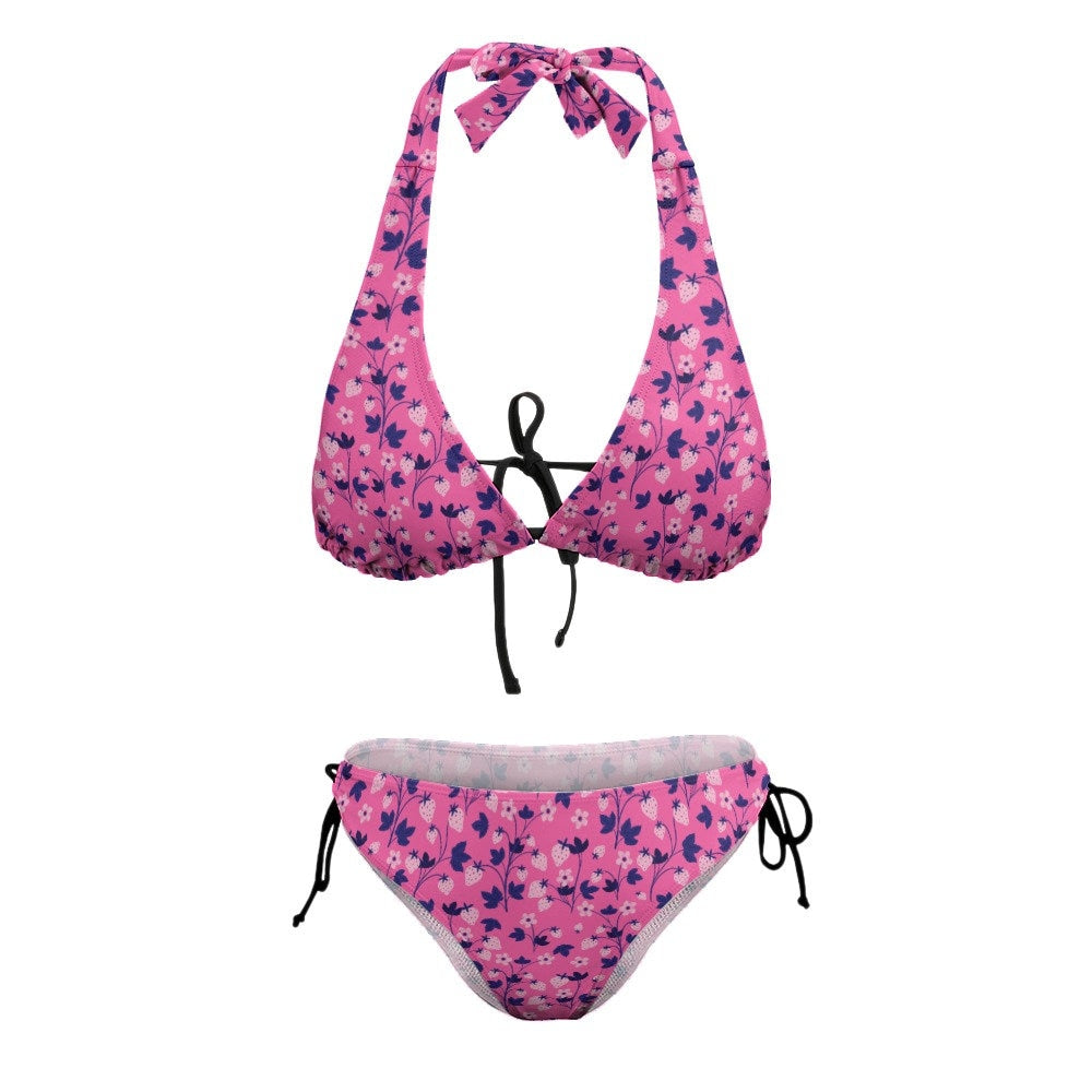 Neonrosa Bikini, Erdbeer-Bikini, Rosa Erdbeer-Print-Bikini, Zweiteiliges Bikini-Set, süßer Bikini, Neckholder-Bikini, Erdbeer-Badeanzug