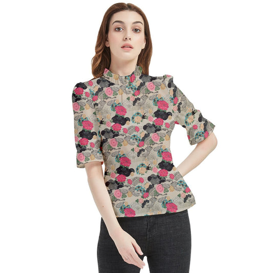 Schwarz-rosa viktorianisches Top, Retro-Top für Damen, florale viktorianische Bluse, viktorianisches Hemd, Edwardianische Bluse, Rüschen-Top, asiatisch inspiriertes Blumen-Top