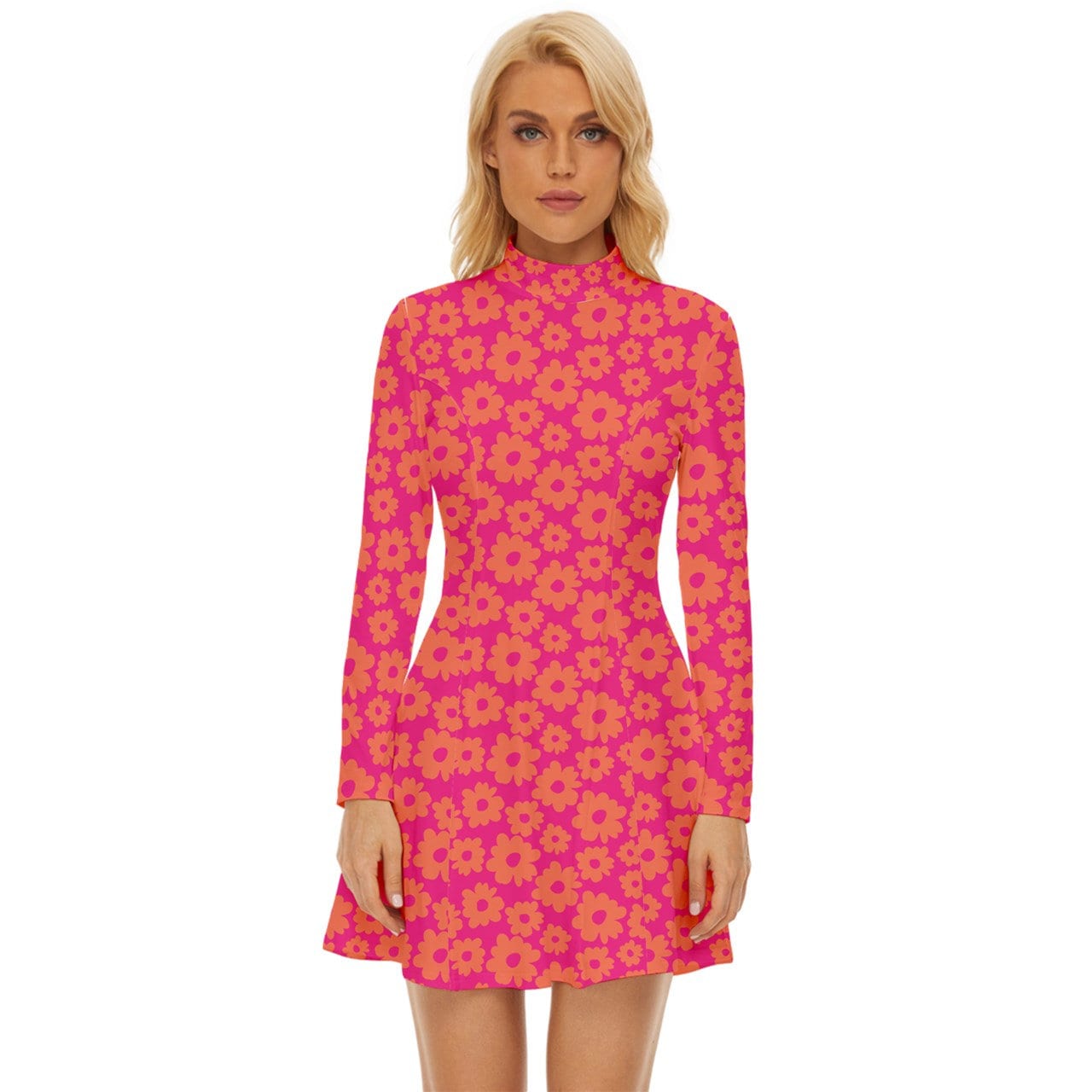 60s Dress Style, Mod Dress, Pink Mod Dress, Turtle neck dress, GOGO Dress, 60s style dress, 60s mini dress, Floral Dress, Retro Dress