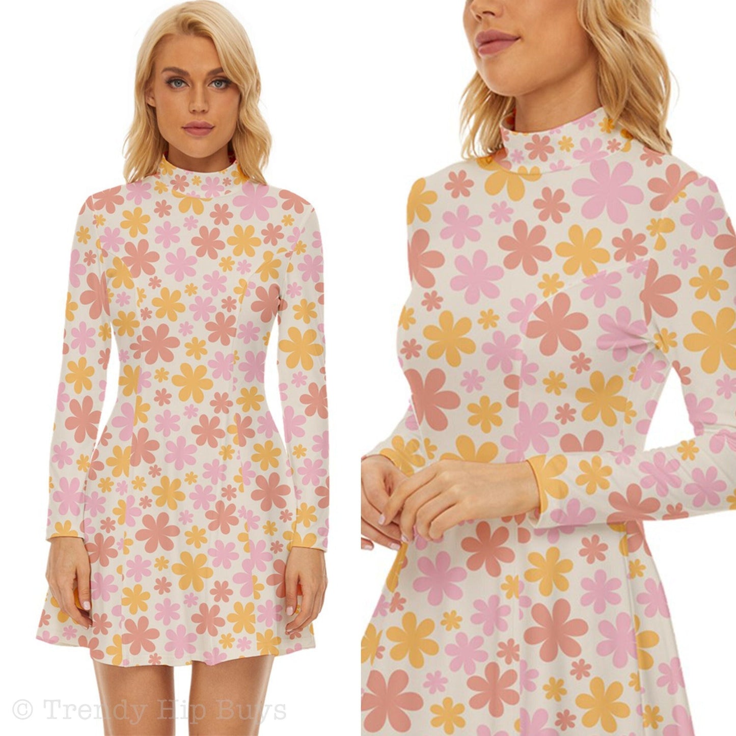 60er-Kleiderstil, Mod-Kleid, rosa Mod-Kleid, Rollkragenkleid, GOGO-Kleid, Kleid im 60er-Jahre-Stil, 60er-Minikleid, rosa Blumenkleid, Retro-Kleid