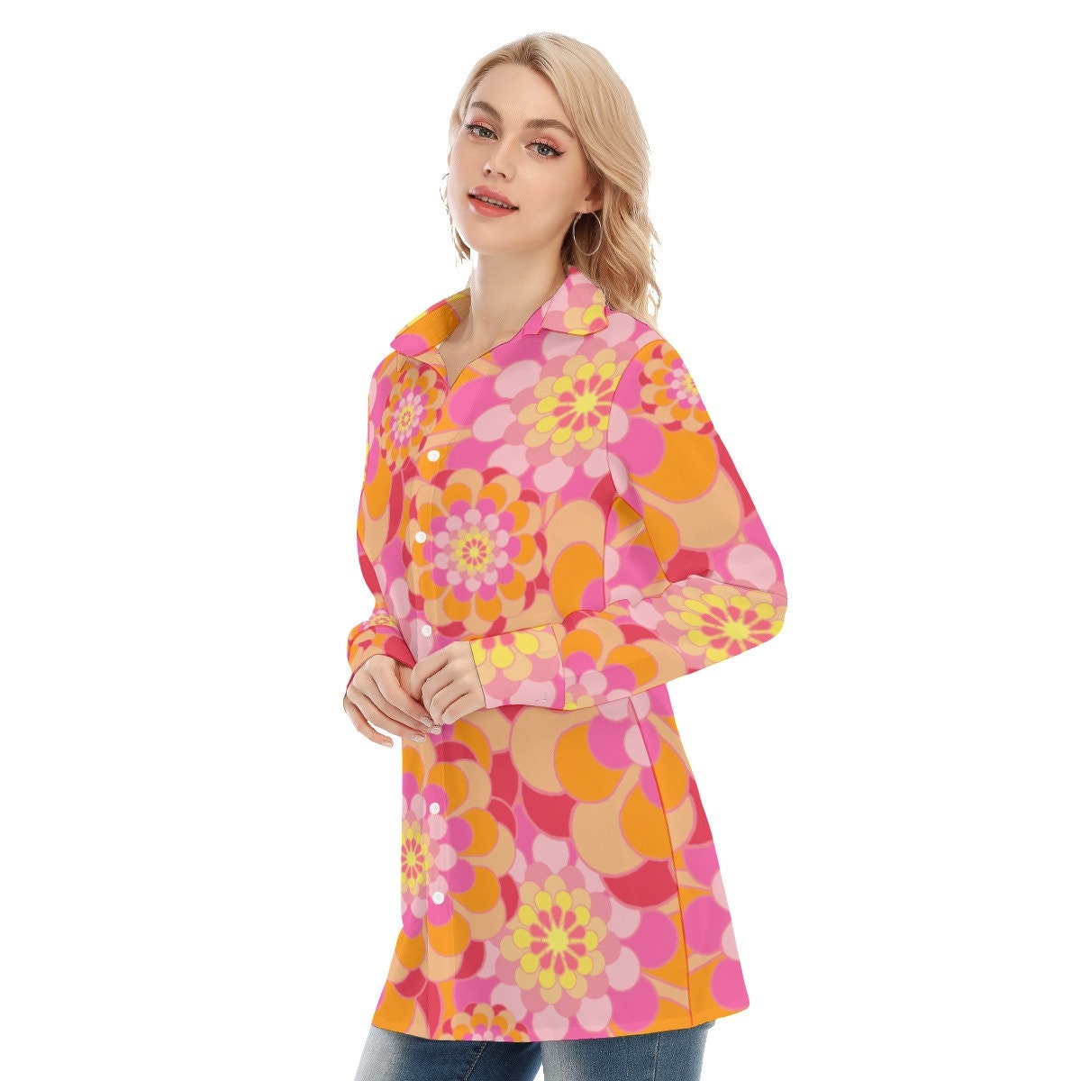 Retro Shirt, Mod 60s style Shirt, Women's Vintage style blouse, Long Sleeve Shirt Women, Pink Orange Floral Shirt,Vintage inspired Top Women