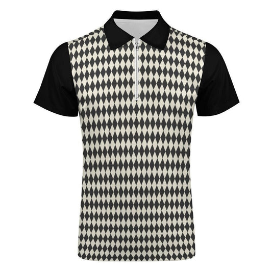 Poloshirt für Herren, Poloshirt für Herren, Poloshirt im 60er-Jahre-Stil, Poloshirt mit Reißverschluss, schwarzes geometrisches Shirt, Retro-Poloshirt, Vintage-inspiriertes Shirt für Herren