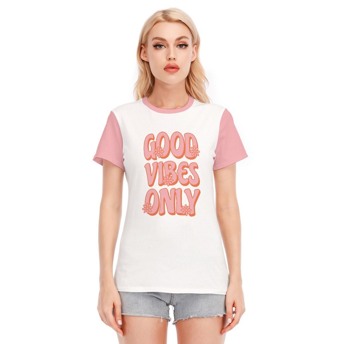 Retro-T-Shirt, T-Shirts mit Wörtern, Vintage-T-Shirt mit Wörtern, rosa T-Shirt mit Wörtern, Hippie-T-Shirt für Damen, T-Shirt im Vintage-Stil, weiß-rosa T-Shirt