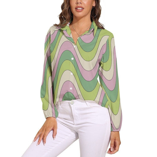 Groovige Bluse, grün-rosa gestreiftes Hemd für Damen, Hemd im 60er-70er-Jahre-Stil, Hippie-Top, Damen-Bluse im 70er-Jahre-Stil, 70er-Jahre-inspiriertes Damen-Top