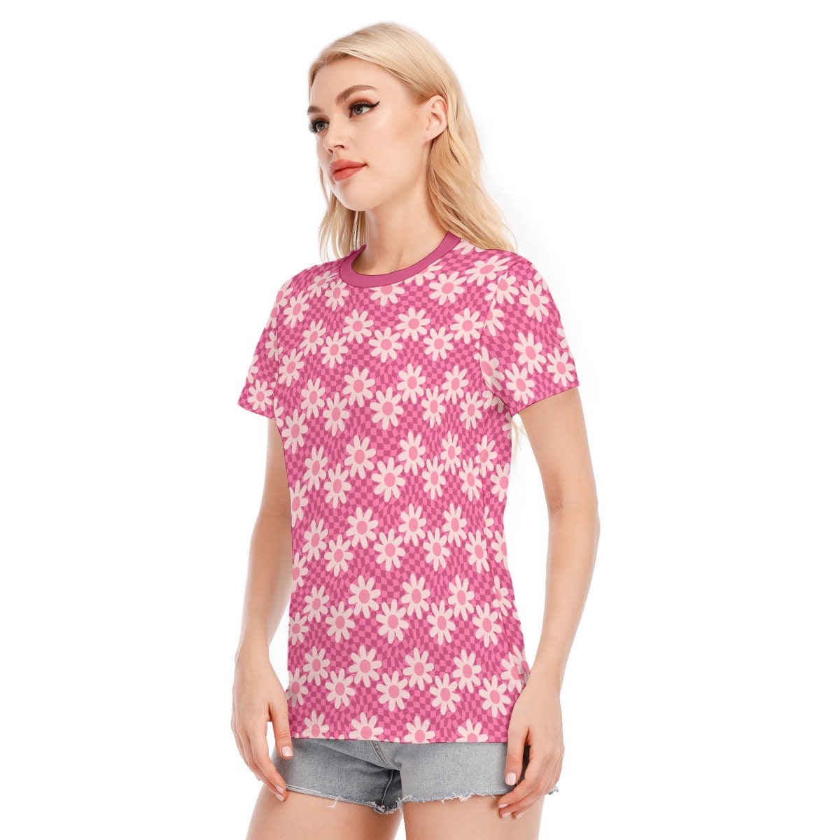 Mod 60s style top, Retro Tshirt Women, Retro Top, Checker Top, Womens Tops, Pink Floral Top, Floral Tshirt, Mod Top, Fuchsia Pink Top