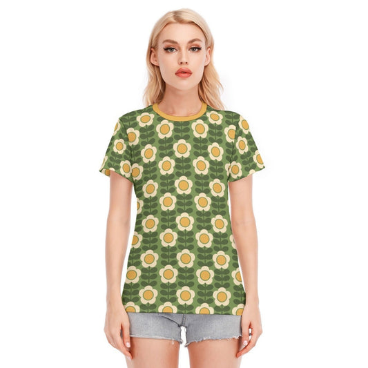 Mod-Top, Top im 60er-Jahre-Stil, Retro-T-Shirt für Damen, Retro-Top, Karo-Top, Damen-Tops, grün-gelbes Blumen-Top, florales T-Shirt, Mod-Top, grünes Top