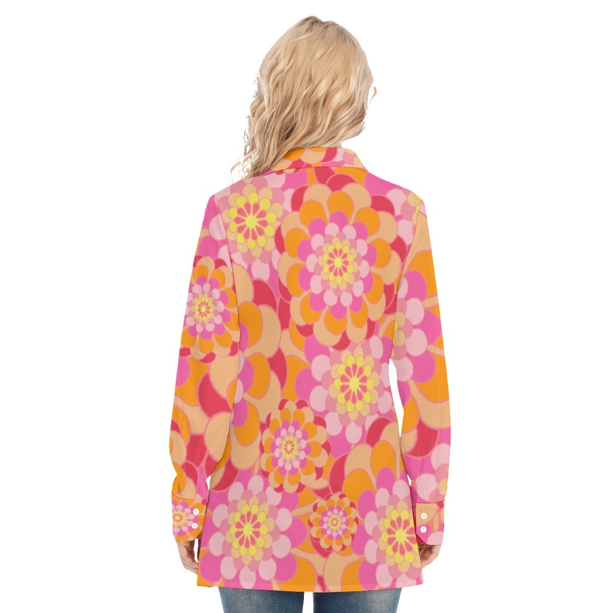 Retro Shirt, Mod 60s style Shirt, Women's Vintage style blouse, Long Sleeve Shirt Women, Pink Orange Floral Shirt,Vintage inspired Top Women