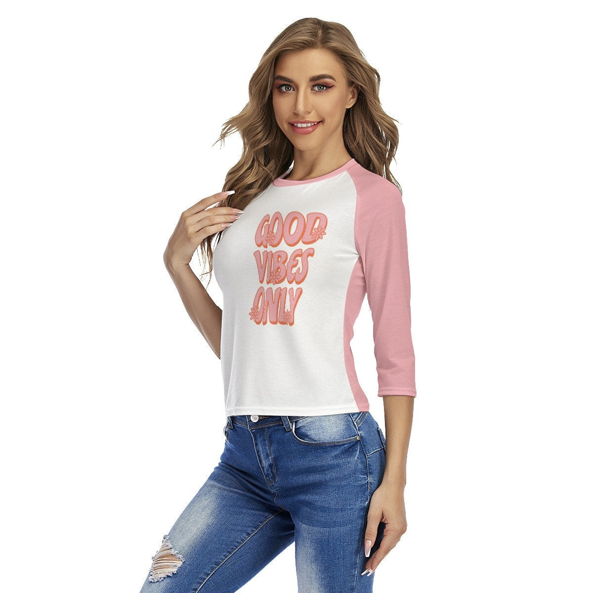 Chemise Raglan rétro, Tee Raglan, Chemise Raglan rose, Tshirt Retro Words, Chemise Good Vibes, Retro Top Women, chemise de style années 70, Chemise Raglan Femmes