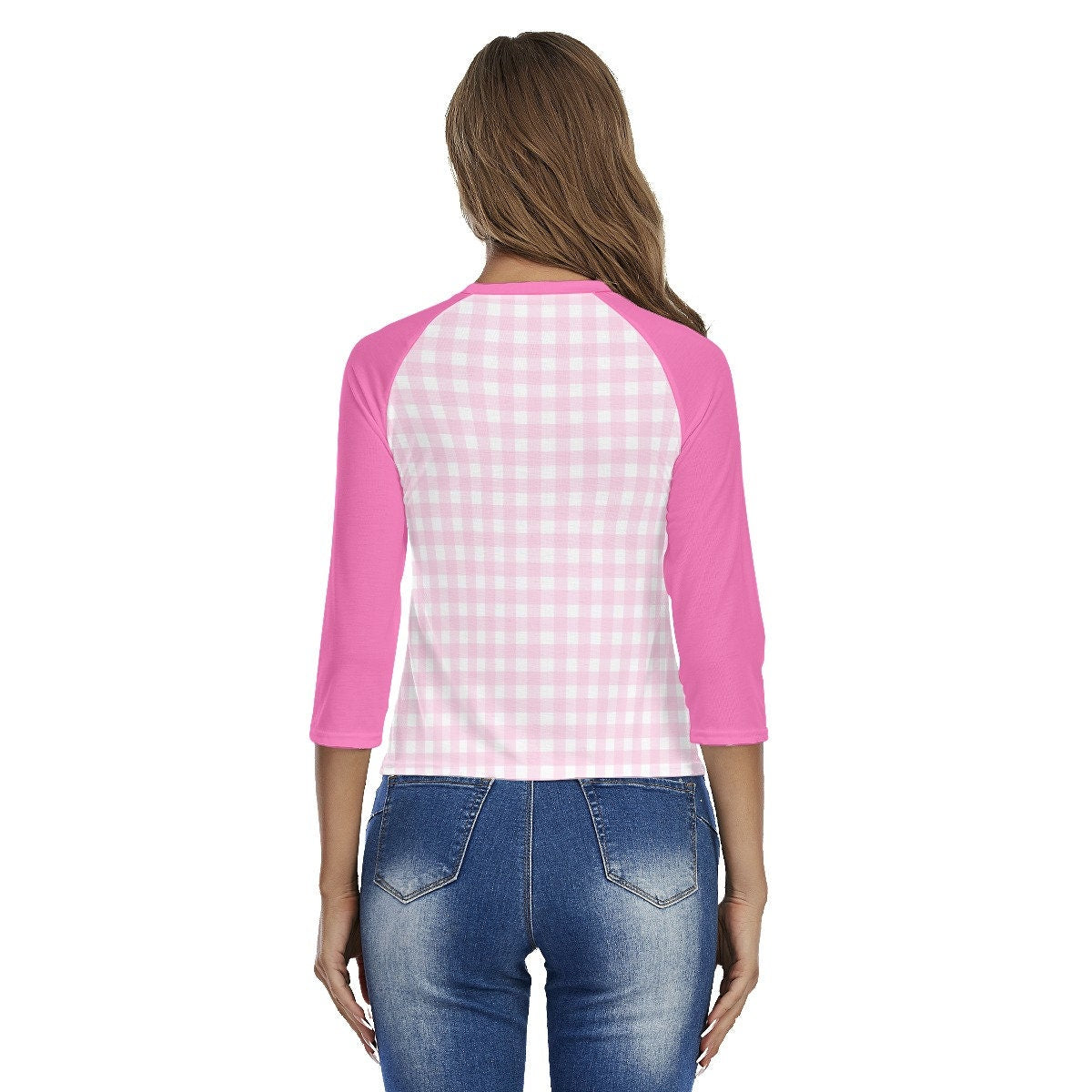 Rosa Gingham Top, Rosa Top Damen, Retro Raglan Shirt, Raglan T-Shirt, Raglan Shirt, Rosa Raglan Shirt Damen, Barbie inspiriertes T-Shirt