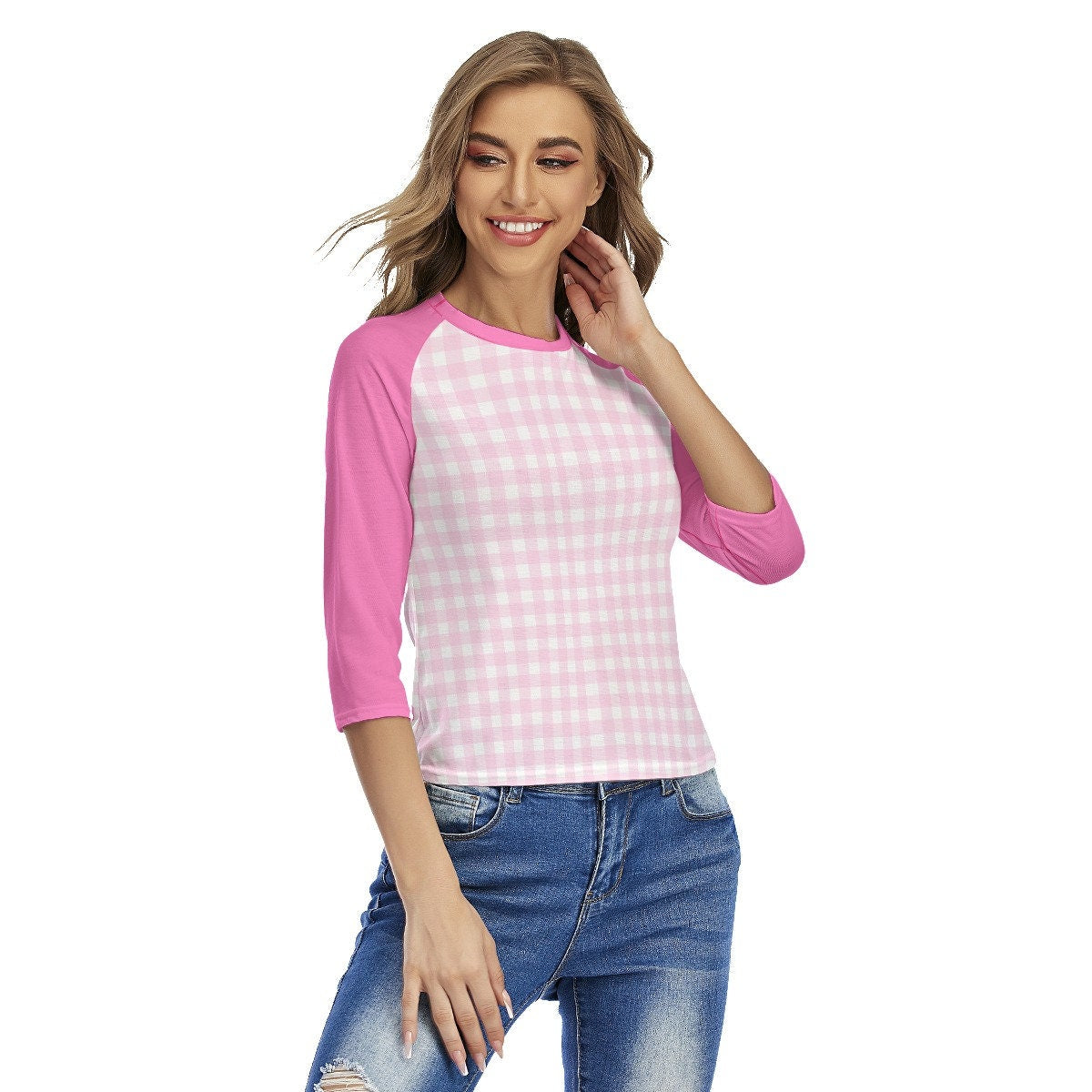 Rosa Gingham Top, Rosa Top Damen, Retro Raglan Shirt, Raglan T-Shirt, Raglan Shirt, Rosa Raglan Shirt Damen, Barbie inspiriertes T-Shirt