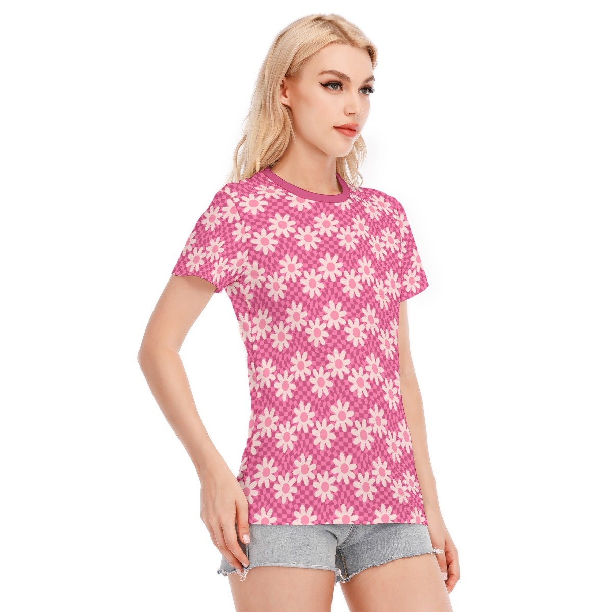 Mod 60s style top, Retro Tshirt Women, Retro Top, Checker Top, Womens Tops, Pink Floral Top, Floral Tshirt, Mod Top, Fuchsia Pink Top