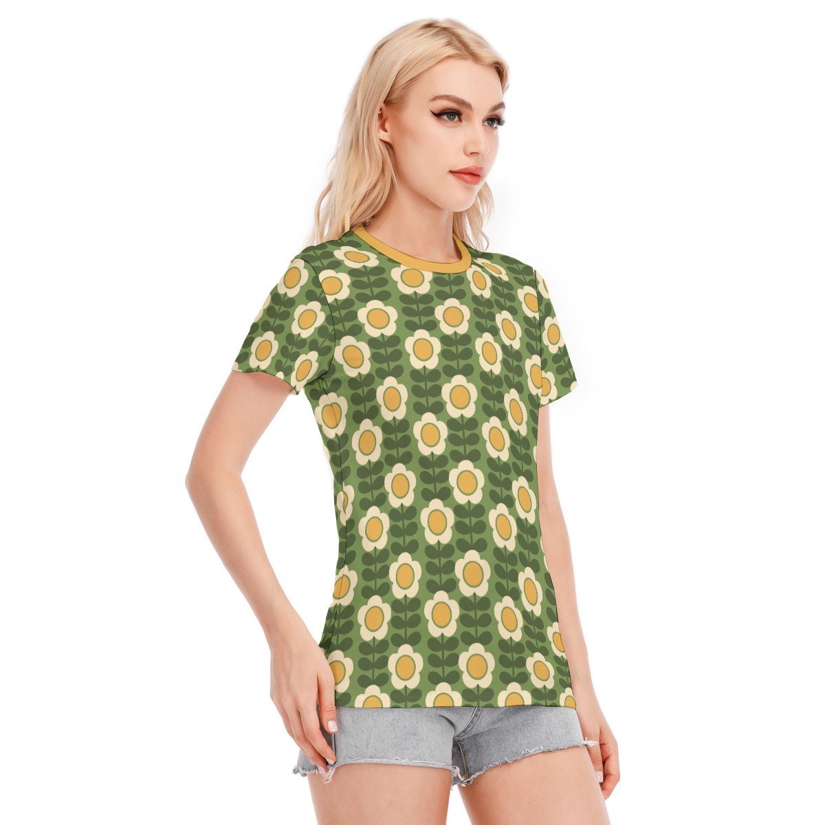 Mod Top, 60s style top, Retro Tshirt Women, Retro Top, Checker Top, Womens Tops, Green Yellow Floral Top, Floral Tshirt, Mod Top, Green Top