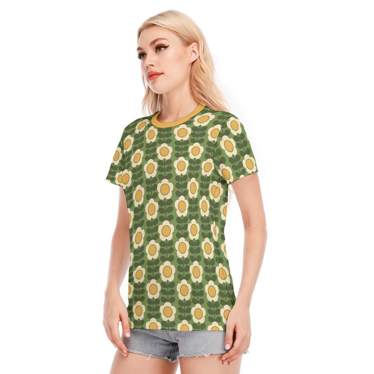 Mod Top, 60s style top, Retro Tshirt Women, Retro Top, Checker Top, Womens Tops, Green Yellow Floral Top, Floral Tshirt, Mod Top, Green Top