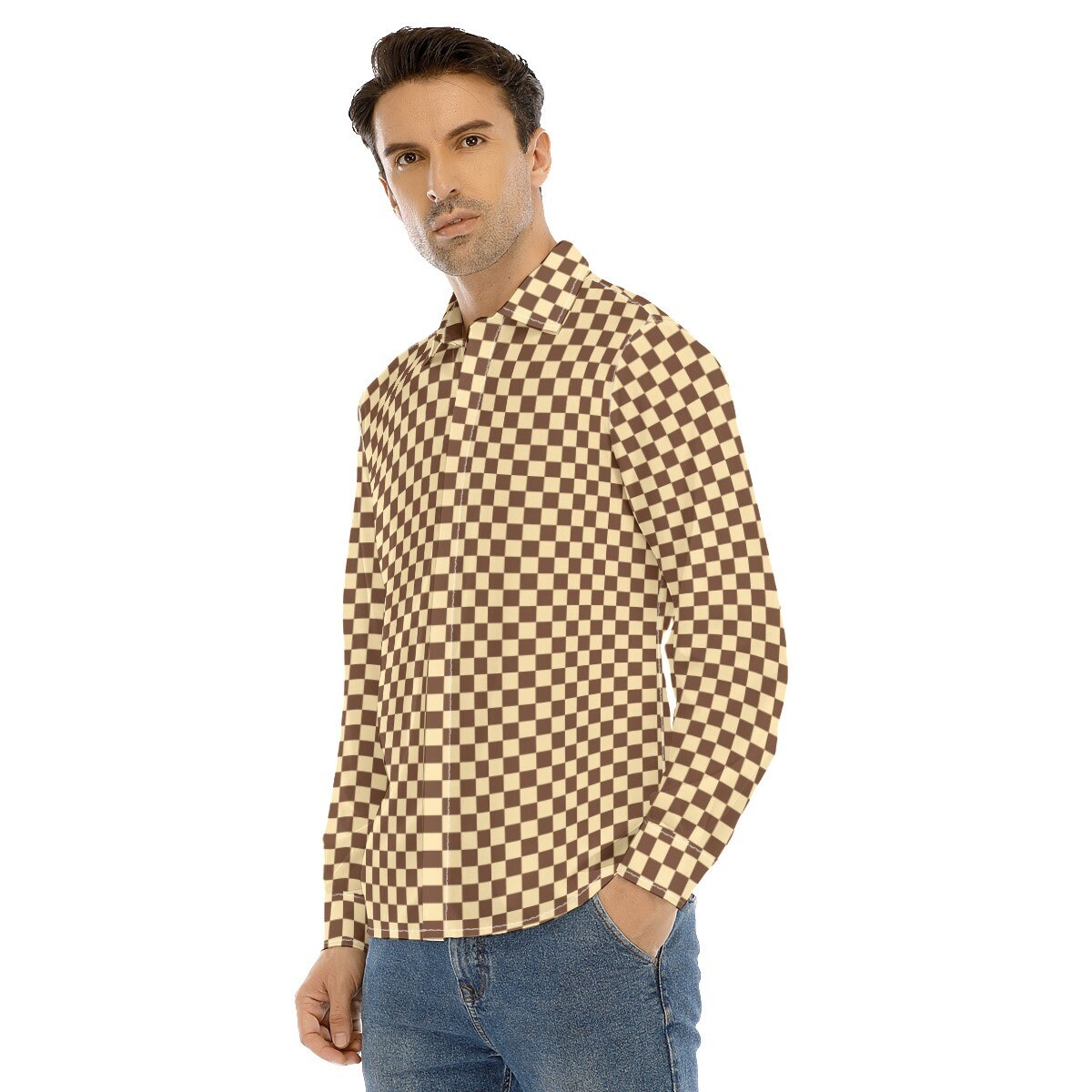 Brown Checker Shirt, Men's Checker Shirt, Vintage 60s 70s style shirt, Retro Shirt Men, 70s inspired shirt, 70s clothing Men, Hippie Shirt