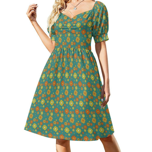 Babydoll-Kleid, Petrol-Kleid, Blumenkleid, Retro-Kleid für Damen, Pinup-Kleid, Kleid im 50er-Jahre-Stil, Kleid im Vintage-Stil, Kleid mit Puffärmeln
