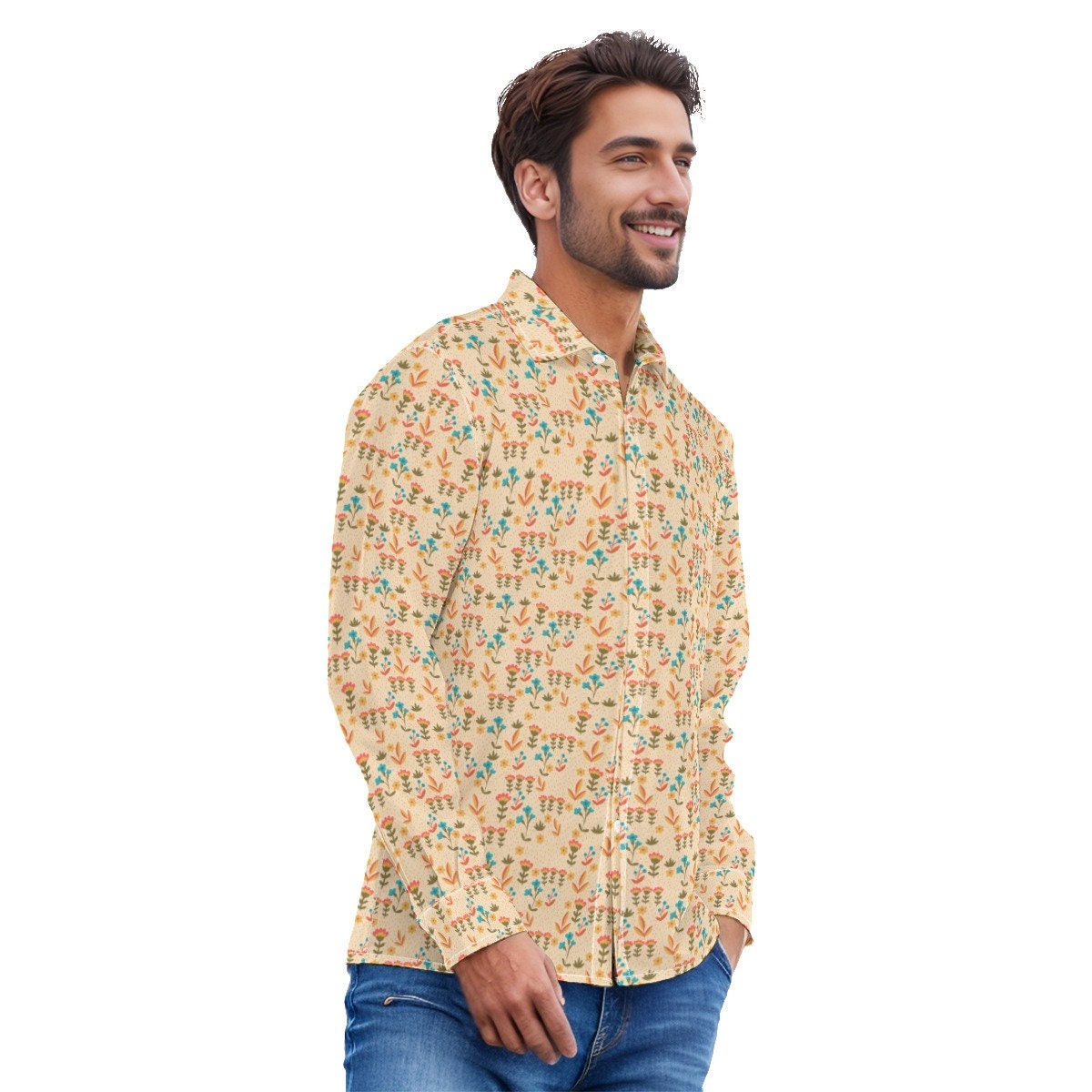 Vintage 70s style shirt, Beige Shirt, Floral Shirt Men, 70s clothing Men, Retro Shirt Men,Hippie Shirt Men, 70s Shirt Men,70s inspired Shirt