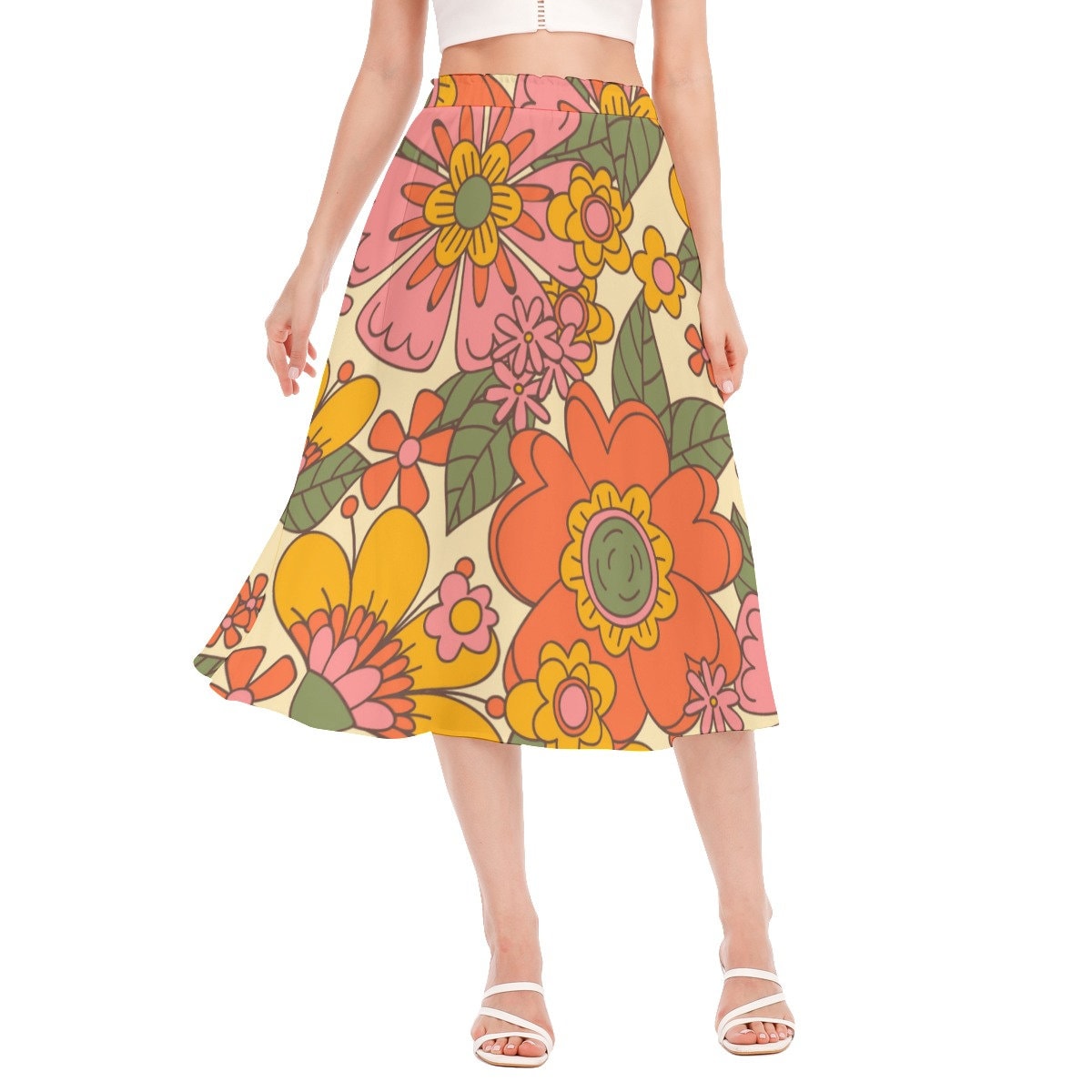 jupe de style vintage, jupe midi femmes, jupe florale, jupe midi florale, jupe de style années 60 70, jupe Aline femmes