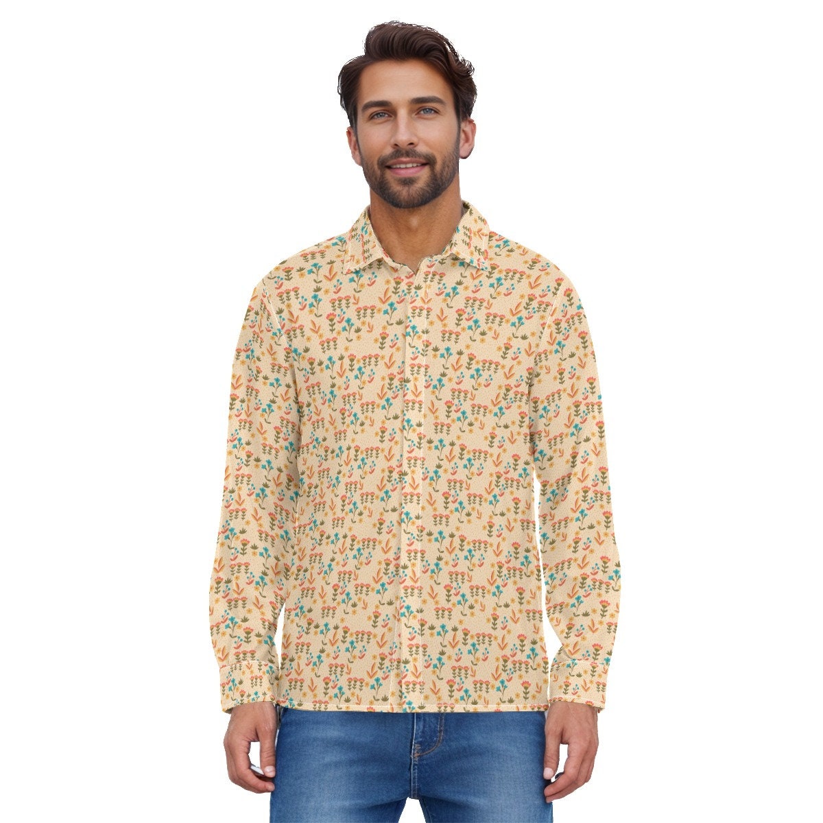 chemise de style vintage des années 70, chemise beige, chemise florale pour hommes, vêtements des années 70 pour hommes, chemise rétro pour hommes, chemise hippie pour hommes, chemise pour hommes des années 70, chemise inspirée des années 70
