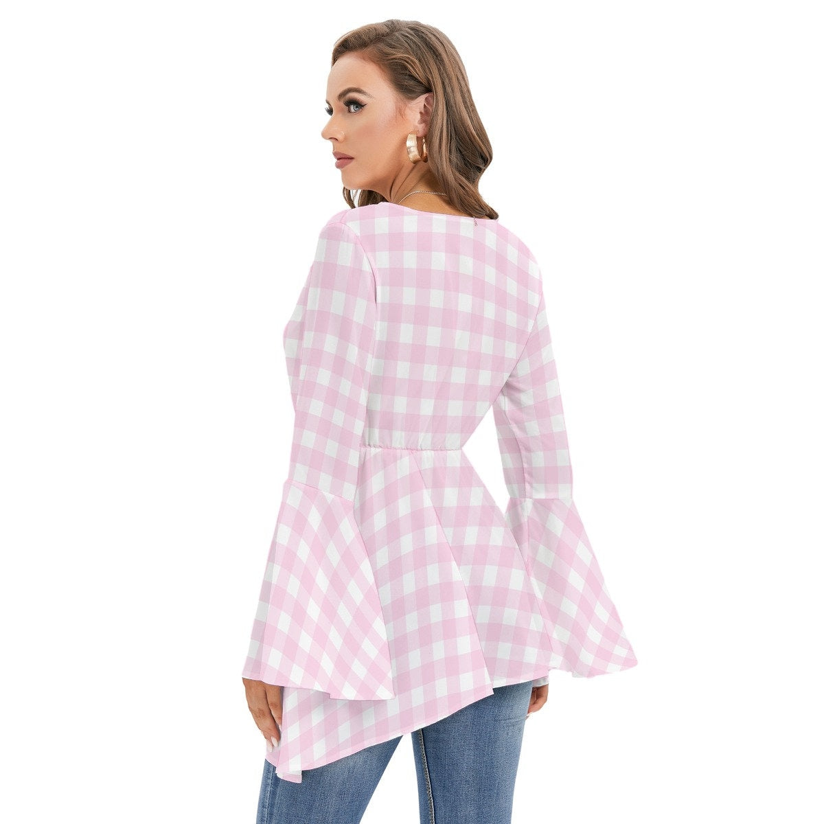 Pink Gingham Top, Pink Barbie inspired Top, 70s Style Top, Hippie Blouse, Hippie Top , Bell Sleeve Top Women, Boho Top, Bohemian Top